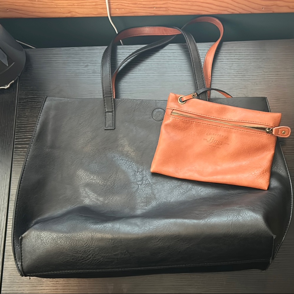 Black and Tan Faux Leather Tote Bag with Inner Pouch